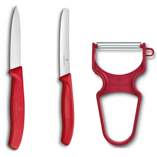 Victorinox Swiss Classic Gemüsemesser-Set, 3-teilig, Inkl. Tomatenmesser Wellenschliff, Gemüsemesser und Sparschäler, Spülmaschinengeeignet, rot