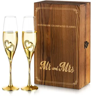 NUPTIO Sektgläser Hochzeit Kristall mit Holzschatulle, für Brautpaar | 2 Stück Personalisiert Gold Champagnergläser Hochzeitsgeschenke für Verlobung, Jubiläum, Hochzeit