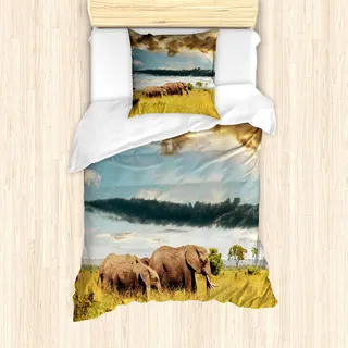 ABAKUHAUS Safari Bettbezug Set, Große Afrikanische Savannen Elefant Familie Dunkler Bewölkter Dramatical Himmel Wiese, 135 x 200 cm + 80 x 80 cm, Gelb Grau Blau