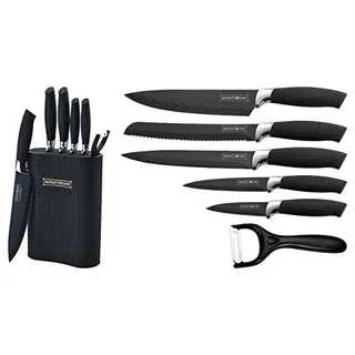 ROYALTY LINE, RL6MSTK, Set mit 5 Edelstahlmessern mit schwarzem Block, ergonomischer Keramikbeschichtung, inklusive Schäler, rosa Farbe, Standardgröße