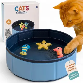 MIJOMA Katzenpool 30 cm – Faltbares Planschbecken aus PVC mit 3 Wasserspielzeugen – Rutschfestes Abkühlbecken für Katzen für Balkon, Bad und Warme Sommertage
