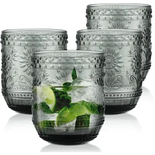 Joeyan Trinkgläser Set Bunte, 4 teiliges 360ml Hochwertige Grau Gläser Set für 4 Personen, Farbig Wassergläser Spülmaschinenfest, Modernes Blume Embossed, Saftgläser für Picknicks, Camping, Partys