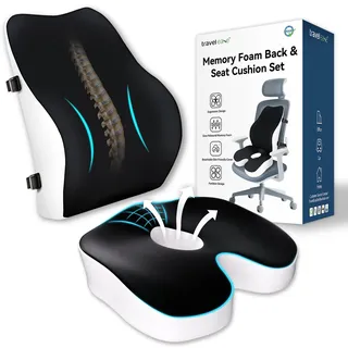 Travel Ease Memory-Schaum Sitzkissen & Lendenstützkissen-Set, Ergonomischer Komfort für Bürostuhl, Autositz, Zuhause & Reisen, Sitzpolster für Rücken und Gesäß, Schwarz