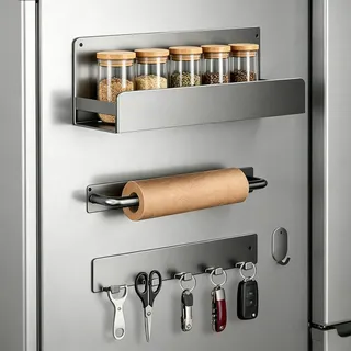 Cozary Magnetisches Gewürzregal Set 4-teilig – Kühlschrank Regal Magnetisch mit Gewürzregal & Küchenrollenhalter Magnetisch, Haken, Magnetic Regale für den Kühlschrank