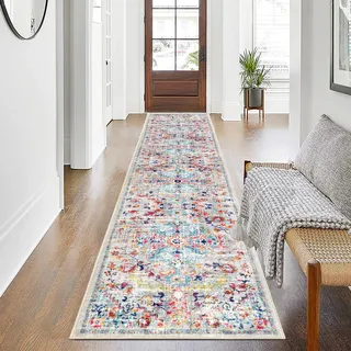 SHACOS Langer Läufer Flur 60x300 cm Teppich läufer Boho Teppichläufer rutschfest Küchenteppich Waschbar Flurteppich Lang Kurzflor Teppich Flur Läufer für Küche, Wohnzimmer, Eingang, Bunt