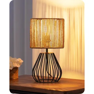 EDISHINE Tischlampe Wohnzimmer, Boho Tischleuchte mit gewebtem Papierseil-Schirm in Metallgitter-Optik, E14 Nachttischlampe Vintage für Schlafzimmer, 29 cm, inkl. 4W LED-Leuchtmittel, Schwarz