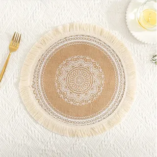 Rund Gewebte Platzset,Boho Tischsets,Jute Tischsets mit Mandala Quaste,Böhmen Farmhouse Retro Restaurant Tischdekoration Platzdeckchen Tischsets für Hochzeit Festival Party Küche Speisetisch,2er Set N