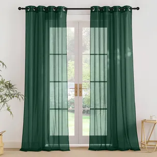 PONY DANCE Transparenter Vorhang Grün Wohnzimmer Gardinen Modern Leichte Vorhänge mit Ösen Voile Gardine Leinenoptik Luftige und Lichtdurchlässige Ösenschal 2er Set, H 245 x B 140 cm Dunkelgrün