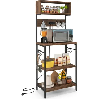 COSTWAY Küchenregal mit Steckdose, Standregal mit offenen Regalen & 10 Aufhängehaken, Mikrowellenregal industriell mit Stahlrahmen 60 x 42 x 153 cm - Braun