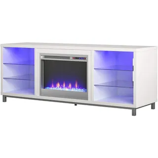 Ameriwood Home Lumina Kamin-TV-Ständer für Fernseher bis zu 70 Zoll, austauschbarer elektrischer Kamineinsatz, Fernbedienung, Timer, farbwechselnde LED-Leuchten, Kristall-Glutflammen, weiß