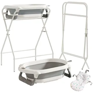 UBRAVOO Faltbare Babybadewanne – Ständer + Thermometer + Badekissen, Für Neugeborene bis 12 Monate (Grau)