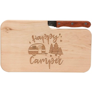 Spruchreif | Holz- Brotzeitbrett mit Messer und Gravur „Happy Camper“ | Perfekte Geschenkidee für Camper & Outdoorliebhaber