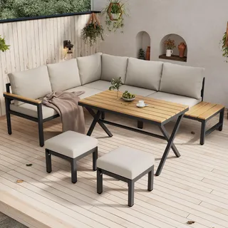 Ball & Cast Gartenmöbel Set, Balkonmöbel mit Ecksofa, 2 Hockern & Esstisch, Outdoor Loungemöbel mit Kunststoff Holz Tischplatte, Grau