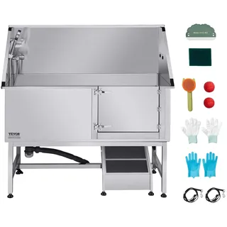 Vevor Hundewaschstation Edelstahl, 1500x700x1495 mm Tierpflegewanne mit Rampe, PE-Wasserfilterplatte, Wasserhahn, Duschkopf & Seifenhalter, für große, mittelgroße & kleine Haustiere (rechte Tür)