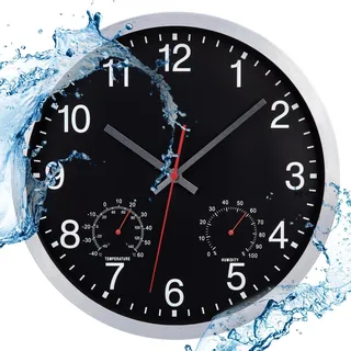 ACCSHINE Outdoor Wasserdicht Wanduhr Mit Thermometer und Hygrometer Anzeige Wanduhr Ohne TickgeräUsche Lautlos 30cm Quarz Batterie Betriebene Groß Deko Garten Wand Uhr (Schwarz)