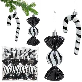 12 Stück Glitzer Weihnachtsbaumschmuck Schwarz,XXL Weihnachtskugeln Zuckerstangen Deko,Weihnachten Weihnachtsbaum Anhänger Tannenbaumschmuck Schwarz Weiß für Weihnachtsbaum Deko Christbaumschmuck