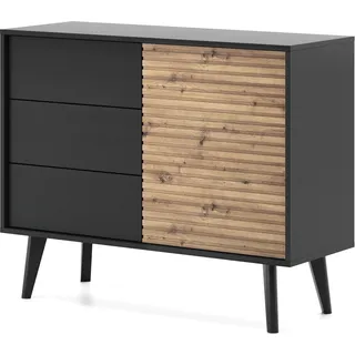 Moderne Kommode WILLOW KSZ104 mit Schubladen und Türen, Eiche Artisan/Schwarz, 1 Tür, 3 Schubladen, 1 Einlegeboden, Laminatplatte, 104x83x39cm, für Esszimmer, Wohnzimmer und Schlafzimmer von Furniture24. - Schwarz