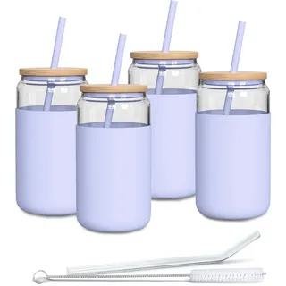 Aquafloow Trinkglas mit Strohhalm und Deckel 500ml | Gläser mit Silikonhülle | Trinkgläser set inclus 2x Strohhalme und 1x Reinigungsstab | für Tee, Smoothie Kaffee-4 Stück- Violett