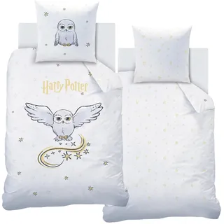 MTOnlinehandel Bettwäsche 135x200 Flanell, Biber Harry Potter Hedwig, kuschelig weich für Herbst & Winter, Kissenbezug 80x80 + Bettbezug 135x200, 100% Baumwolle, Hogwarts Eule in Weiß