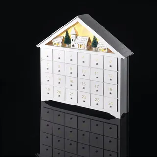EMOS Leuchtender Adventkalender aus Holz mit Minikästchen und Winterdorf 33x35 cm 8 LEDs warmweisses Licht