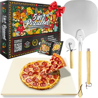 5in1 Pizza Set | Pizza Zubehör | Geschenkset | Rezeptbuch (5in1) | Pizzastein für Backofen & Gasgrill | 2in1 Pizzaschieber | Pizzaschneider | Pizzaschaufel | Pizzamaker | Pizza Stein Cordierit
