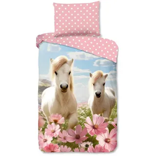 Kinderbettwäsche , Multicolor, Hellblau, Hellrosa , Textil , Pferd , 140x200 cm , Oeko-Tex® Standard 100, BCI (Better Cotton Initiative) , atmungsaktiv , Heimtextilien, Bettwäsche & Leintücher, Kinderbettwäsche
