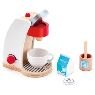 Hape Meine Kaffeemaschine – Holz-Kaffeemaschine mit Kaffeepad, Zuckerdose, Milchtüte und Tasse, Rollenspiel-Küchenzubehör, Küchen-Spielzeug, für Kinder ab 2 Jahren