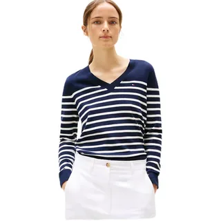 Tommy Hilfiger Damen Pullover Jersey Stitch V-Neck Strickpullover, Mehrfarbig (Her Stp Dark Night Navy/ Country Iv), 3XL