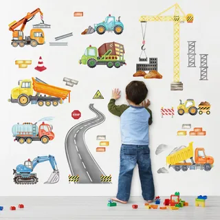 wondever Wandtattoo Baufahrzeuge Wandaufkleber Konstruktion Traktor Bagger Lastwagen Wandsticker Wanddeko für Kinderzimmer Babyzimmer Junge Spielzimmer