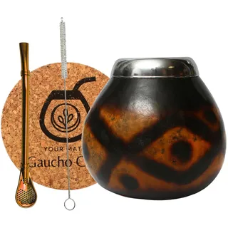 Gaucho Cebar Set mit Natürlichem Kalebassen für Yerba Mate-Tee | Kürbis Tasse und Edelstahl Trinkhalm Bombilla Straw Accessories - korkpad und bürste, Braun