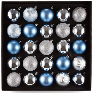 HEITMANN DECO 25er Set Christbaumkugeln Sortiment - Weihnachtsschmuck blau Silber zum Aufhängen - Kunststoffkugel Sortiment, 34.3 x 34.3 x 6 cm