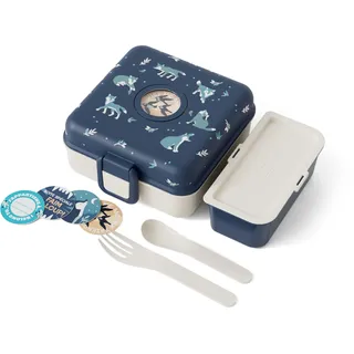 monbento - Kinder Brotdose mit Fächer Snacky blau Wolf - Snackbox Kinder für ganze Sandwiches - Besteck inklusive - Lunchbox Personalisiert Kinder - Ideal für Schule/Picknick - BPA-Frei - Wolf