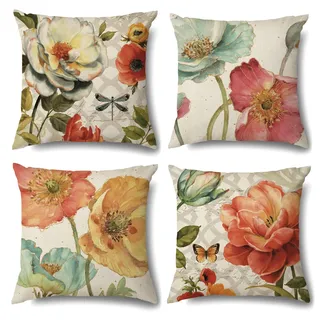 OCEUMACO Leinen Kissenbezug 50x50 Vintage Blumen Kissenhülle 4er Set Quadratisch Sofakissen Dekokissen Bezug für Couch Landhausstil Kissen Kissenbezüge Outdoor Deko Couchkissen Zierkissen - Rot