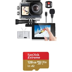 icefox Action Cam 4K Ultra HD 20MP Kamera Unterwasserkamera Wasserdicht 40M 170 Degree Ultra-Weitwinkel, Dunkelgrau & SanDisk Extreme microSDXC UHS-I Speicherkarte 128 GB + Adapter