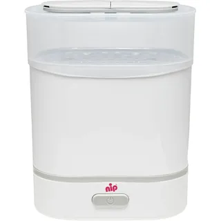Nip Sterilisator Babyflaschen: Vaporisator für bis zu 6 Flaschen, Schnuller + Zubehör, Schnelle und sichere Dampfsterilisation in nur 9 Minuten, mit Abschaltautomatik, Weiß