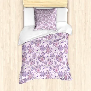 ABAKUHAUS Valentines Mantele, Herzen mit Blumen, Milbensicher Allergiker geeignet mit Kissenbezügen, 135 cm x 200 cm - 80 x 80 cm, Pale Pink, Lila, Gelb - Rosa, Lila, Gelb