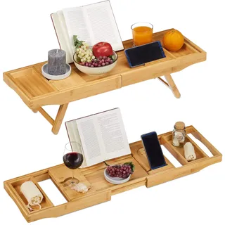 Relaxdays Bambus Badewannenablage & Tablett 2in1, Buchstütze, Weinhalter, Wannenablage, 74,5-114 cm ausziehbar, Natur, H x B x T: ca. 18 x 114 x 25 cm