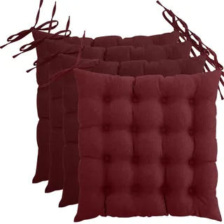 wometo 4er Set Sitzkissen 40x40 Oeko-TEX mit Bändern/Schleifen dunkelrot | gesteppte Sitzpolster / Stuhlkissen mit Steppung für Indoor und Outdoor, drinnen und draußen nutzbar, im praktischen 4er Pack