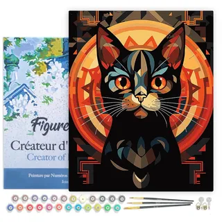 Figured'Art Malen Nach Zahlen Erwachsene Mit Rahmen Art-Deco-Schwarze Katze - Paint by Numbers Basteln DIY Bastelset 40x50cm - Leinwand gespannt auf Holzrahmen
