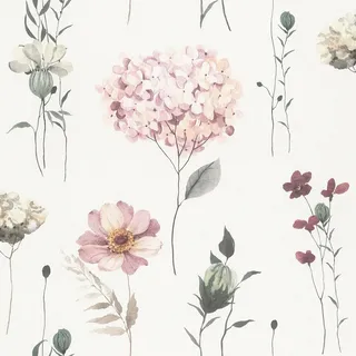 Rasch Kindertapete Hortensien Kids World II - Florale Vliestapete Blüten in Weiß Creme Grau Grün Rosa für ein natürliches Wohnambiente im Mädchen und Jungen Zimmer - 10,05 m x 0,53 m