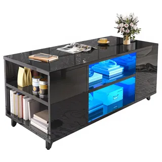YITAHOME Couchtisch Schwarz Hochglanz, Modern Wohnzimmertisch mit 16-Farbiger LED Beleuchtung Sofa Beistelltisch mit Verstellbarem Regal, 97,5 x 48 x 45 cm