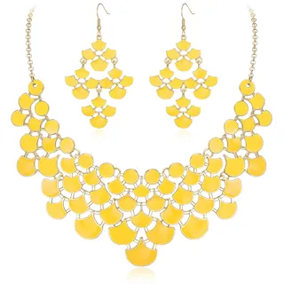 EVER FAITH Gelb Statement Kragen Halskette mit Ohrringe Set, Emaille Vintage Chunky Bib Modeschmuck Sets für Damen