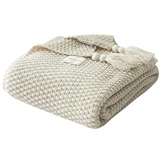 Strickdecke für Sofa, Bett, Stuhl, atmungsaktiv, Heimdekoration, Boho, dick, dekorativ, leicht, bequem, weich, alle Jahreszeiten, Beige, 100 x 150 cm