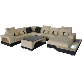 Leder Sofa Moderne Couch Design Wohnlandschaft + Tisch Eck Couchen Sitz mit USB - Beige