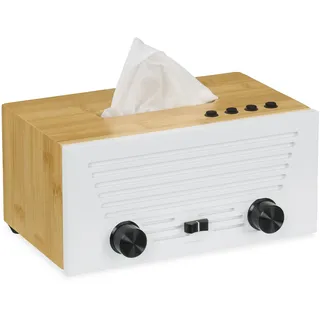 Relaxdays Kosmetiktücherbox, Taschentuchbox im Radio-Design, für Kosmetik- & Taschentücher, Tuchbox, Bambus, weiß/natur