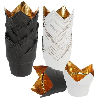 QUARKZMAN 50 Stück Tulpen Backförmchen Muffinförmchen Alufolie Papier Fettdichte Hüllen Für Hochzeiten Geburtstagsfeiern Feste Weihnachten Gold/Weiß Gold/Schwarz
