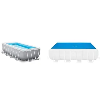 Intex 4M X 2M X 1M Prism Frame Rectangular Pool Set, Hellgrau & Solarabdeckplane für Ultra Frame rechteckig 400 x 200 cm, Stärke 160 Mikron, Fertigungsmaß: 378 x 186 cm, 28088, Blau