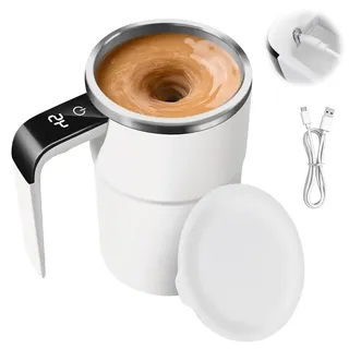 Selbstrührende Tasse, 380ml Elektrischer Automatische Magnetische Kaffeetasse mit Temperaturanzeige, Selbstrührende Kaffeebecher Thermobecher aus Edelstahl für Kaffee Kakao Tee Saft Milch (Weiß)
