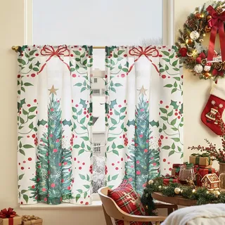 TOPICK Bistrogardine 2er Set Weihnachtsgardinen Scheibengardinen modern Küchegardinen Landhausstil Weihnachtsbaum, H90xB65 cm Weihnachts Gardinen Wohnzimmer Scheibengardine Schlafzimmer Weiß