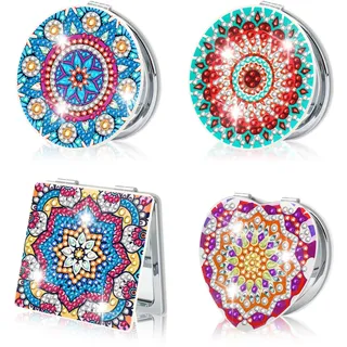 Ghope DIY Diamond Painting Taschenspiegel, 4PCS Diamant Gemälde Kompakte Spiegel Tragbarer Personalisiert Reisespiegel Faltbarer Geldbörsenspiegel für Mädchen und Frauen Geschenke